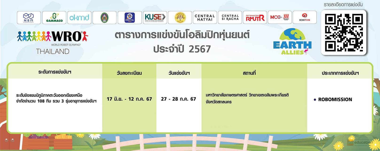 ขอเชิญร่วมแข่งขัน World Robot Olympiad 2024 The theme for WRO 2024 is “Earth Allies” ชิงแชมป์ภูมิภาคตะวันออกเฉียงเหนือ วันที่แข่งขัน 27 – 28 ก.ค. 67 หอประชุมวิโรจอิ่มพิทักษ์ อาคาร 14