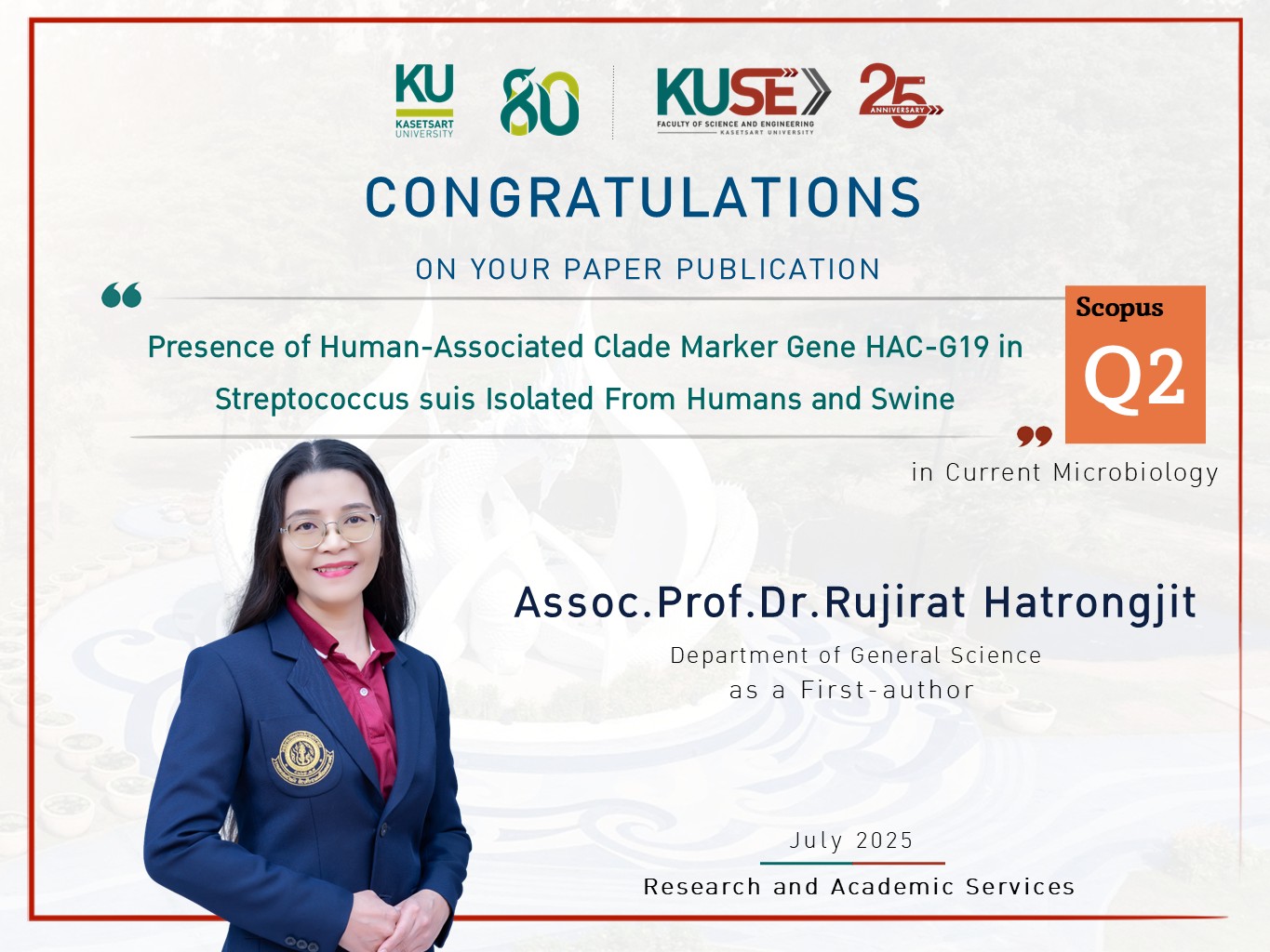ขอแสดงความยินดี รองศาสตราจารย์ ดร.รุจิรัตน์ หาตรงจิตต์ ได้รับการตีพิมพ์ผลงานวิจัย อยู่ในฐานข้อมูล Scopus Q2 ประจำเดือน July 2025