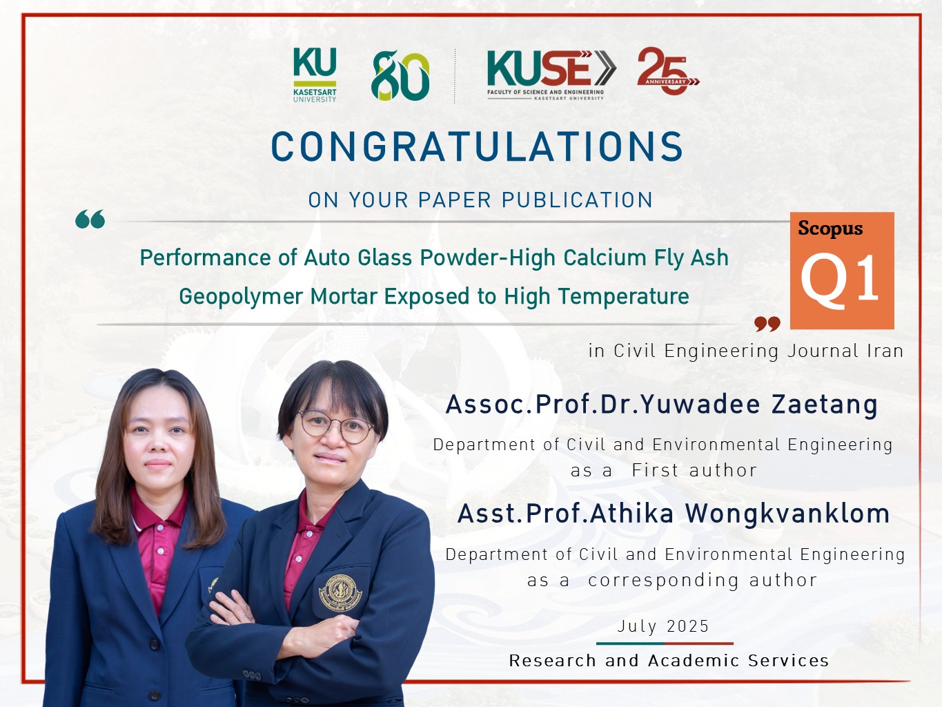 ขอแสดงความยินดี รองศาสตราจารย์ ดร.ยุวดี แซ่ตั้ง + ผู้ช่วยศาสตราจารย์ ดร.อธิกา วงค์กวานกลม (เนื่องในโอกาสได้รับการตีพิมพ์ผลงานวิจัย อยู่ในฐานข้อมูล Scopus Q1 ประจำเดือน July 2025