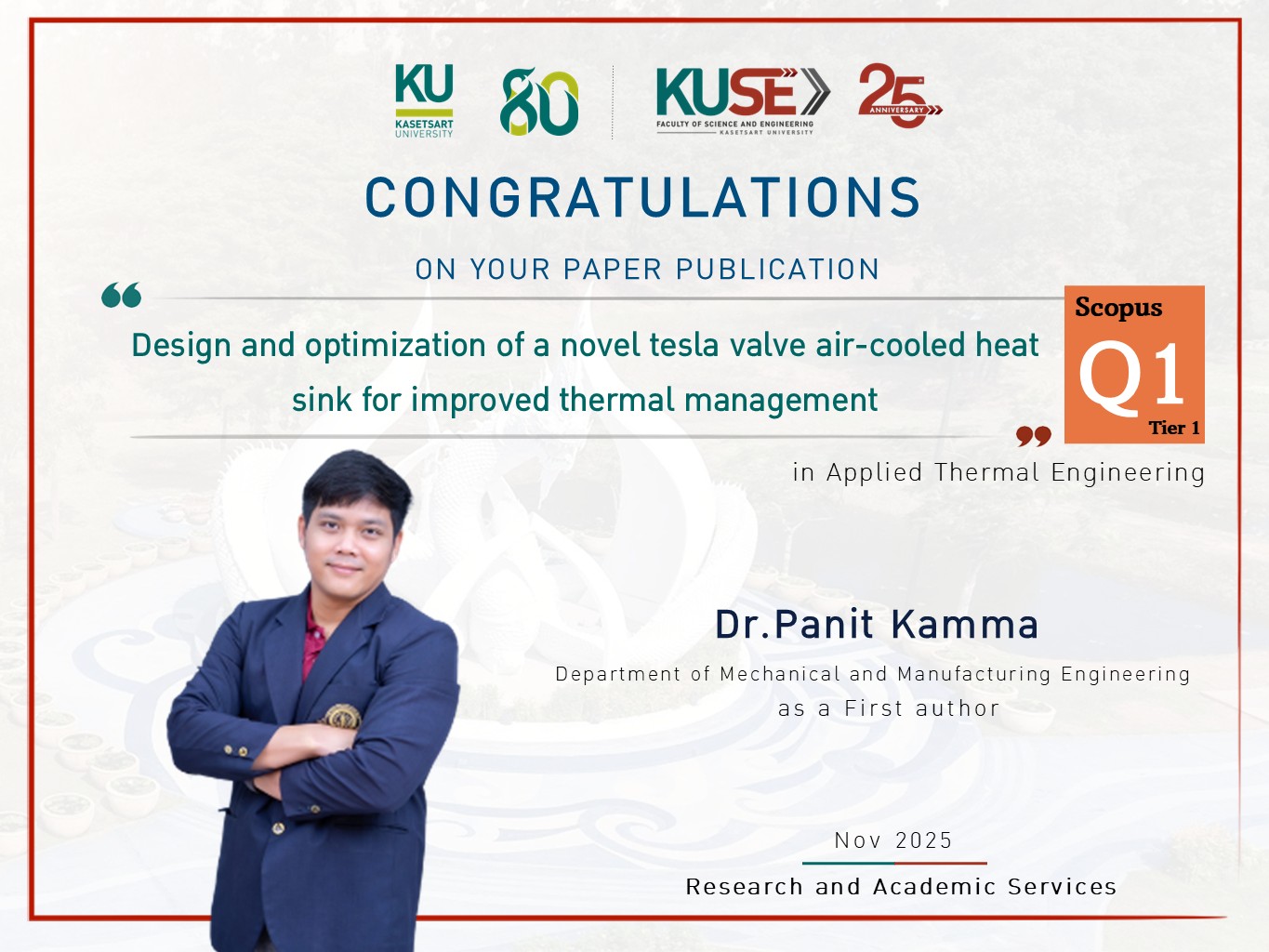 ขอแสดงความยินดี ดร.พนิต คำมา ได้รับการตีพิมพ์ผลงานวิจัย ในฐานข้อมูล : Scopus Q1 Tier 1 ประจำเดือน November 2025