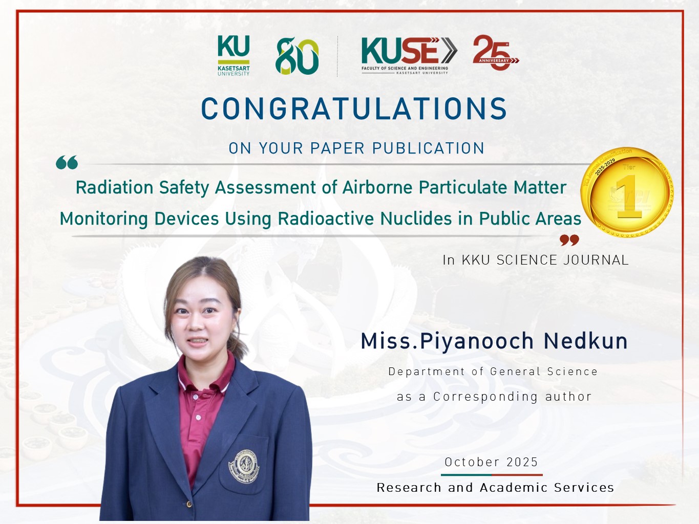 ขอแสดงความยินดี อาจารย์ปิยนุช เนตรคุณ ได้รับการตีพิมพ์ผลงานวิจัย อยู่ในฐานข้อมูล : TCI 1 ประจำเดือน October 2025