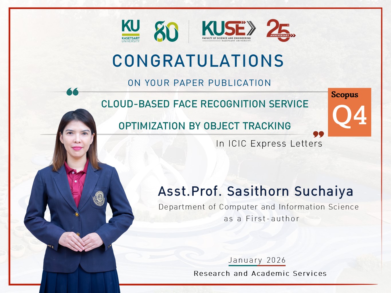 ขอแสดงความยินดี ผู้ช่วยศาสตราจารย์ ดร.ศศิธร สุชัยยะ ได้รับการตีพิมพ์ผลงานวิจัย ในฐานข้อมูล : Scopus Q4 ประจำเดือน January 2026