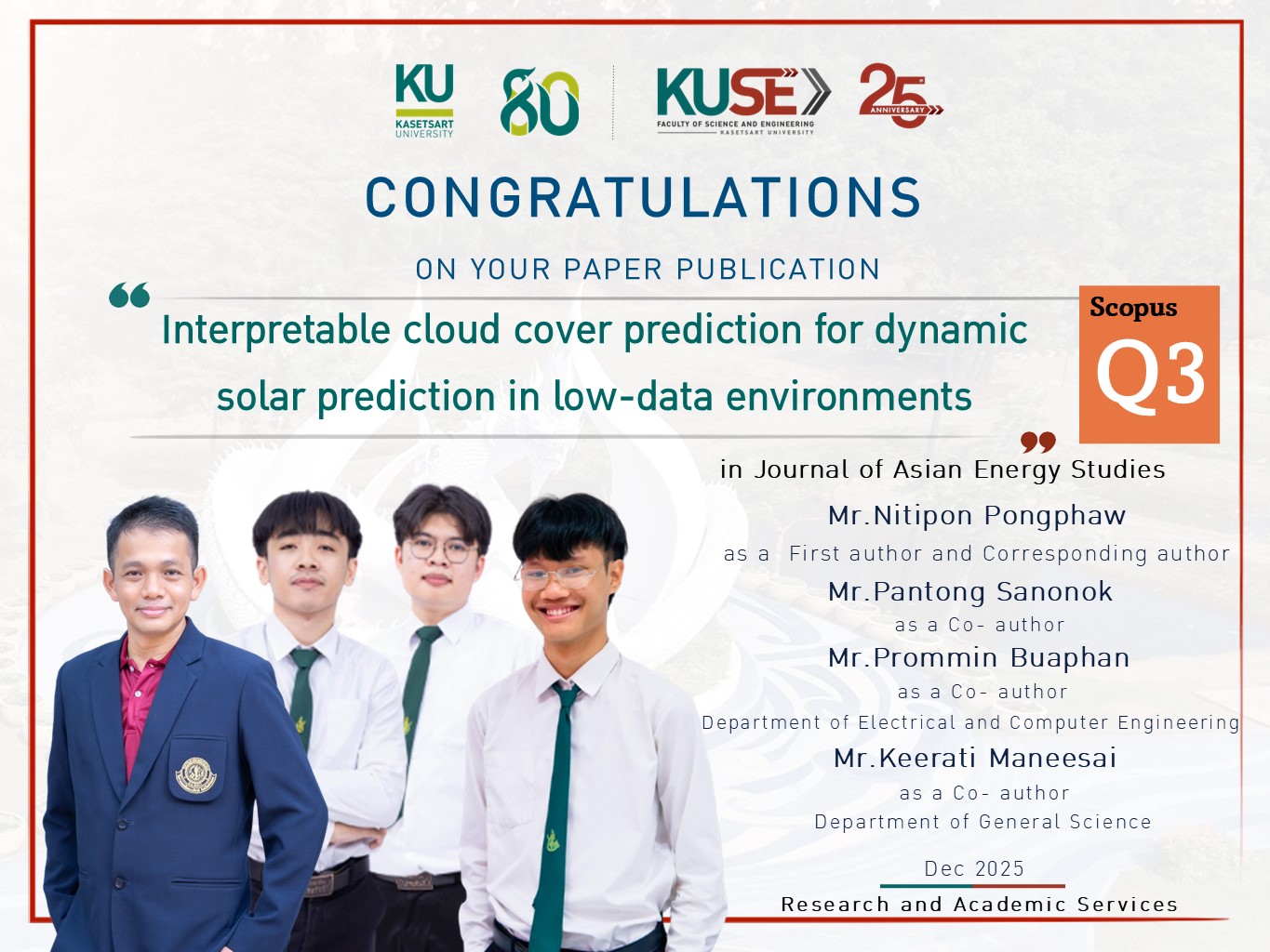 ขอแสดงความยินดี นิสิตและ อาจารย์กีรติ มณีสาย ได้รับการตีพิมพ์ผลงานวิจัย อยู่ในฐานข้อมูล : Scopus Q3 ประจำเดือน December 2025