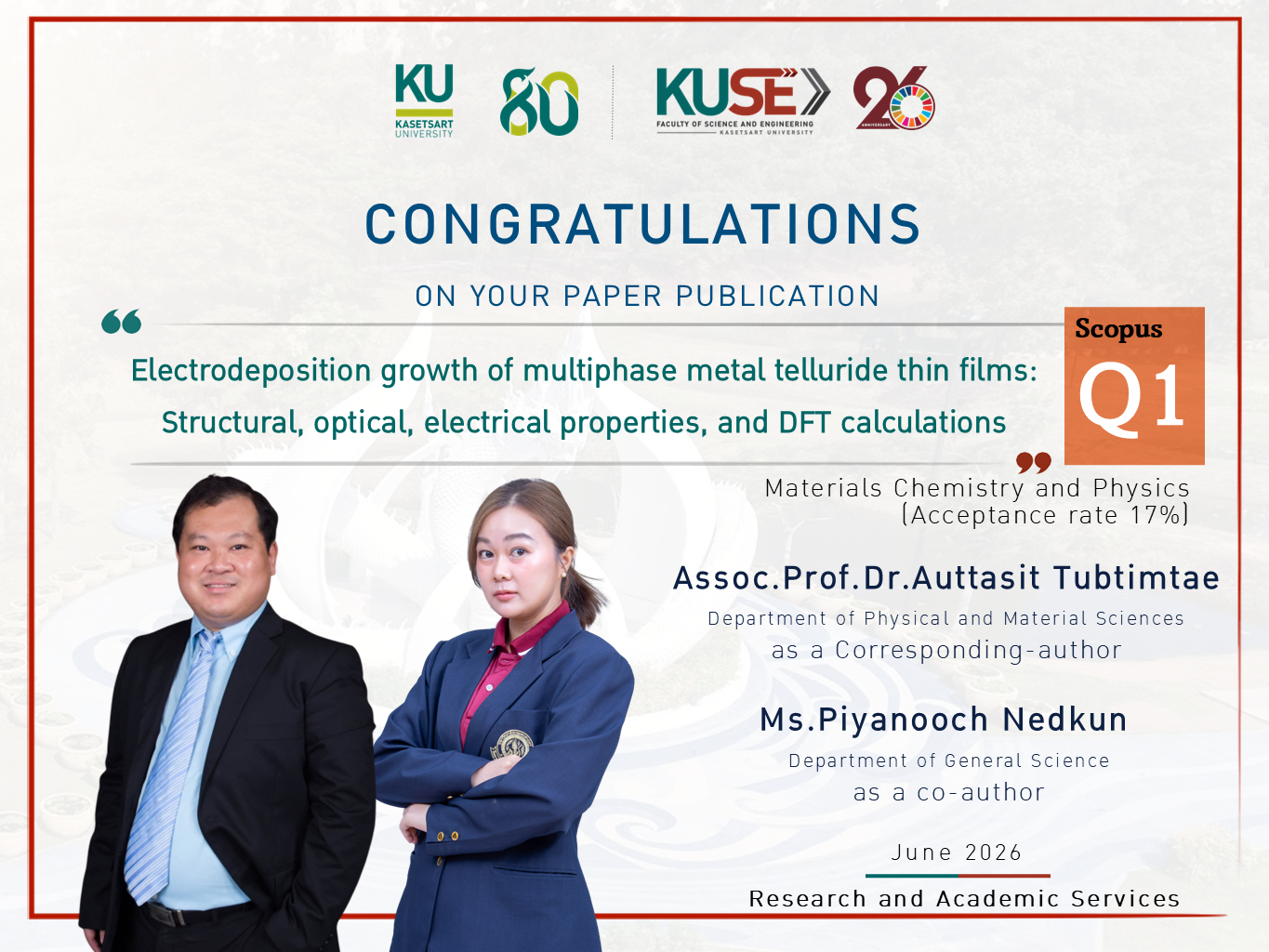ขอแสดงความยินดี อาจารย์ปิยนุช เนตรคุณ ได้รับการตีพิมพ์ผลงานวิจัย  อยู่ในฐานข้อมูล : Scopus Q1 ประจำเดือน June 2026